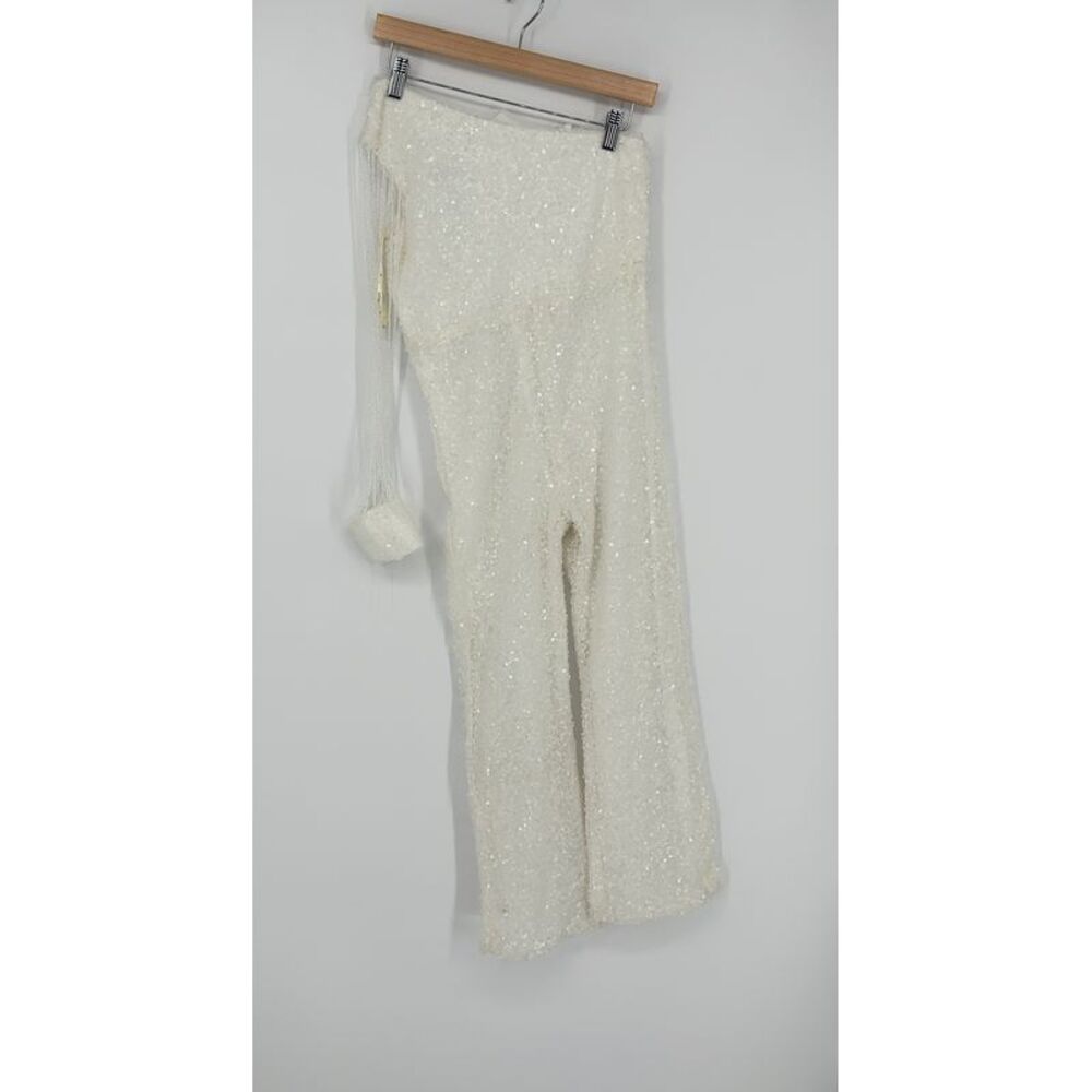 Lanting Bride Sequin One Shoulder Jumpsuit Crystal Sleeve. Size 10